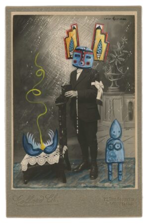 A painting of a man with a mask on his head.