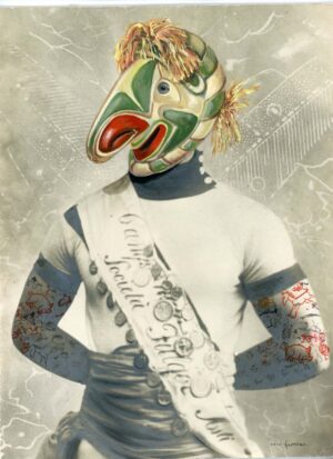 A painting of a person with a mask and tattoo on his arm.