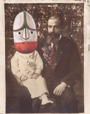 A man and his doll in the style of an old photo.