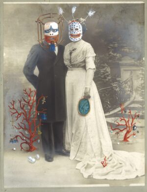 A painting of two people dressed up as the day of the dead.