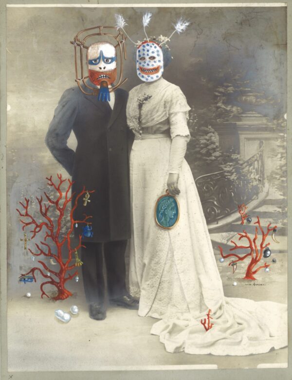 A painting of two people dressed up as the day of the dead.