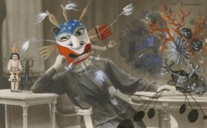 A painting of a person with a mask on.
