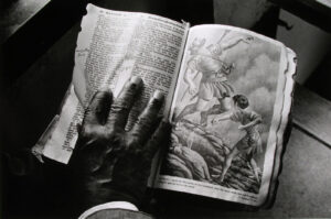 A gorilla hand is holding an open book.