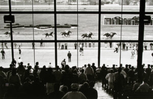A crowd of people watching horses in the distance.