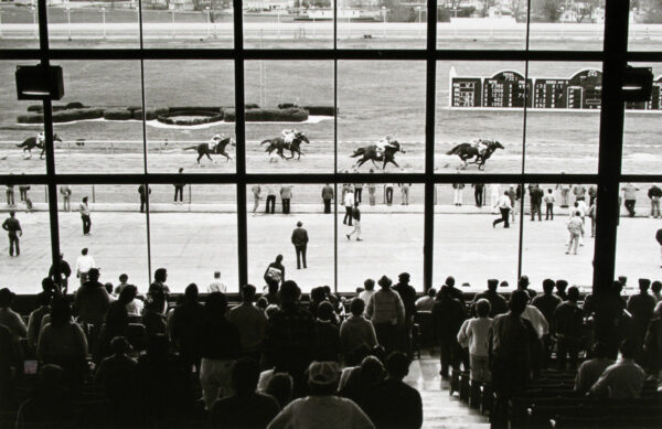 A crowd of people watching horses in the distance.