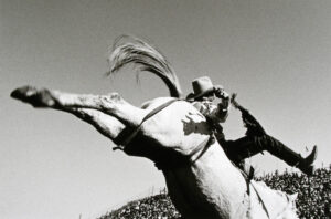 A man on horseback is jumping over another horse.