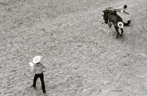 A man in cowboy hat and white shirt riding on the back of a horse.
