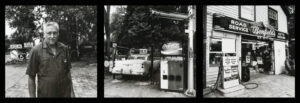 A vintage photo of an old time gas station