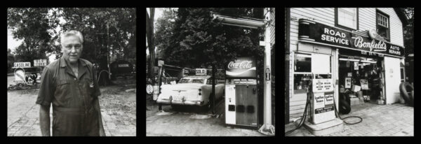 A vintage photo of an old time gas station