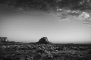 A black and white photo of a desert landscape