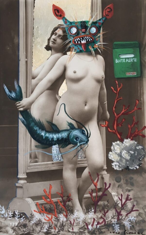 A painting of a naked woman holding a shrimp.