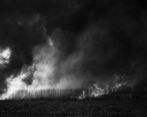 A field with smoke coming out of it.