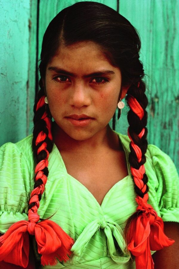 A young girl with two braids and green shirt.