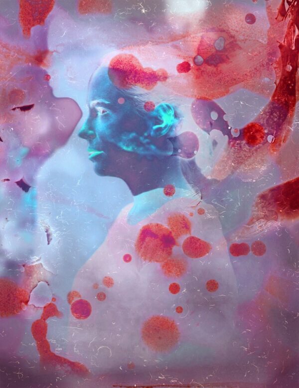 A painting of a woman with red and blue paint.