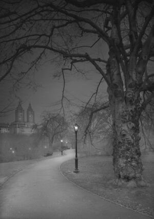 A street light in the middle of a snowy night.