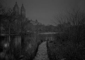 A black and white photo of a lake with trees in the background.