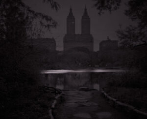 A dark picture of the city with trees and buildings.
