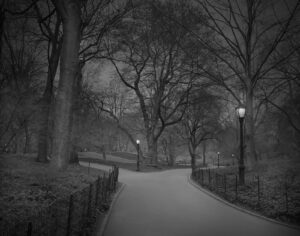 A black and white photo of a park path