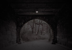 A dark tunnel with trees and snow in the background.