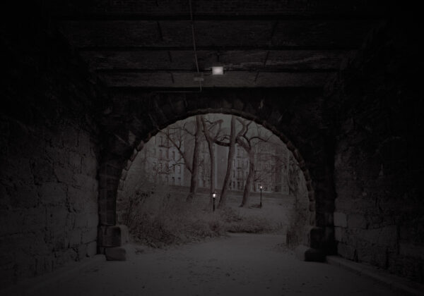 A dark tunnel with trees and snow in the background.