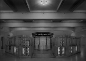 A black and white photo of an elevator.