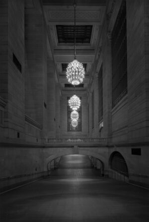 A black and white photo of an empty building.