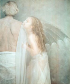 A painting of an angel and a woman.
