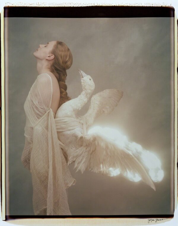 A woman with long hair and white wings.