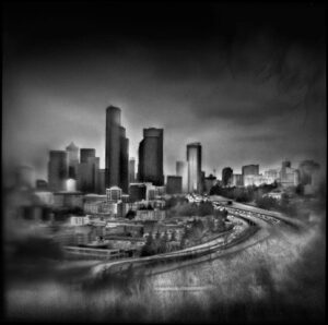 A black and white photo of the city skyline.