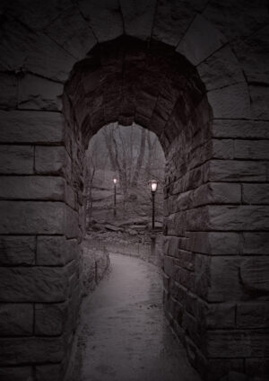 A stone tunnel with lights in the middle.