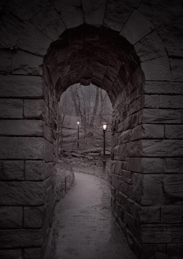 A stone tunnel with lights in the middle.