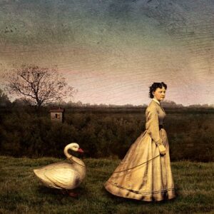 A painting of a woman and swan in the grass.
