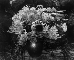 A black and white photo of flowers in a vase.