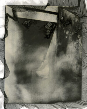 A black and white photo of smoke coming from the ceiling.