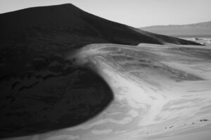 A black and white photo of a desert landscape.