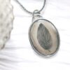 A leaf is shown in an oval glass.