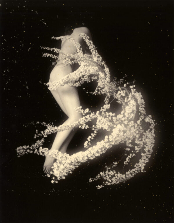 A woman is dancing in the dark with white flowers.