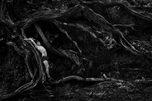 A man climbing over the roots of trees.