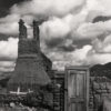 A black and white photo of an old building