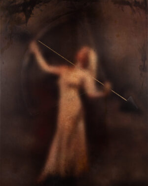A blurry image of a woman holding an arrow.