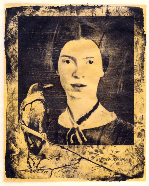 A woman with a bird on her shoulder.