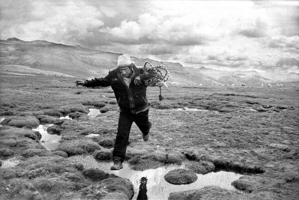 A man holding onto a bicycle in the middle of a puddle.