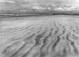 A black and white photo of the beach.