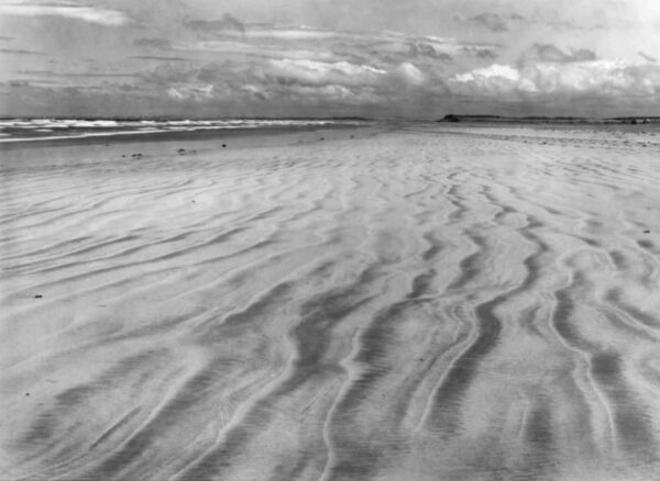 A black and white photo of the beach.