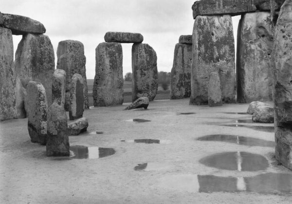 A black and white photo of stonehenge