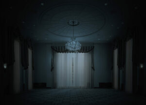 A room with curtains and lights on the wall