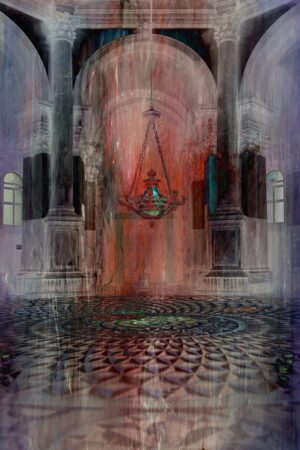 A painting of an altar with a red background