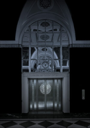 A door with a window and a clock on it