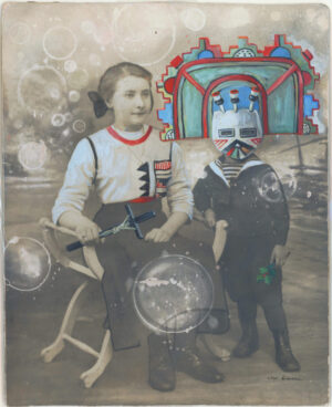 A painting of two people with one holding a drum.