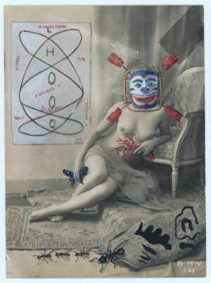 A painting of a woman with a mask on her head.